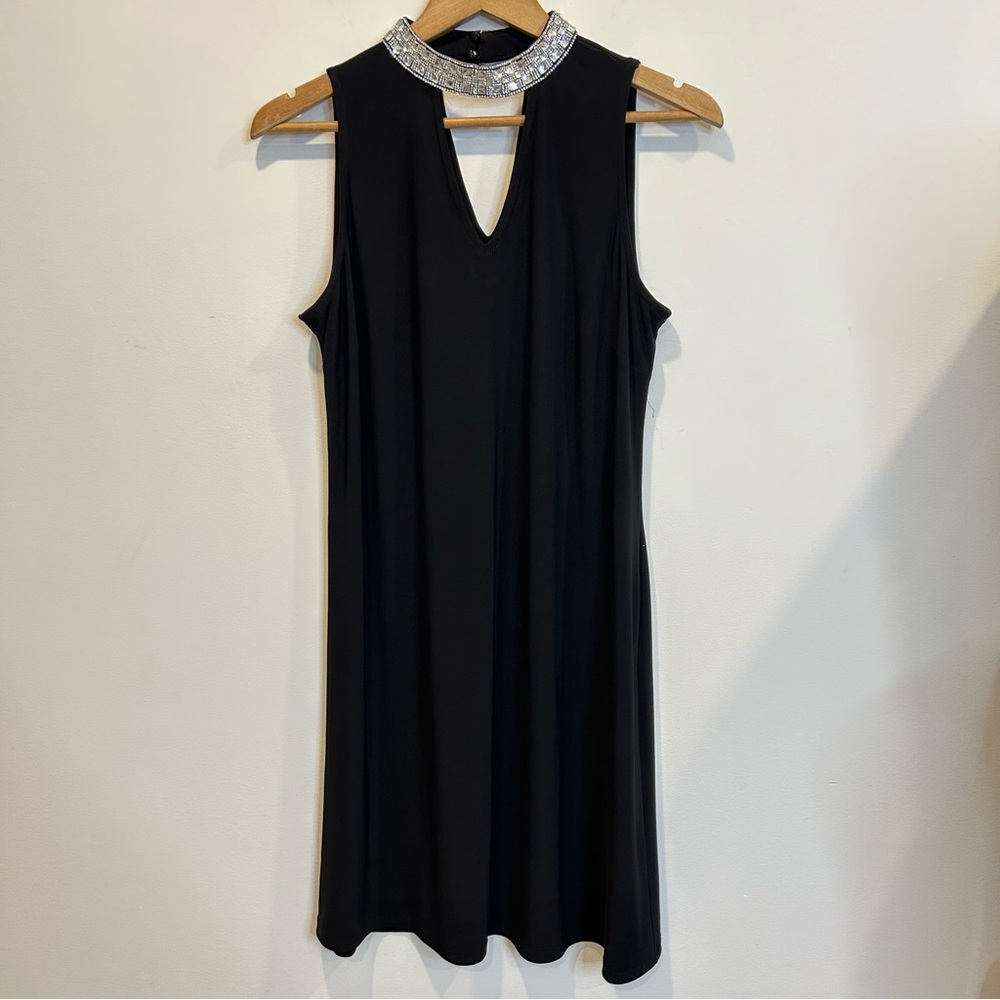 Roz & Ali Rhinestone Collar High Neck Key-hole Dress Black